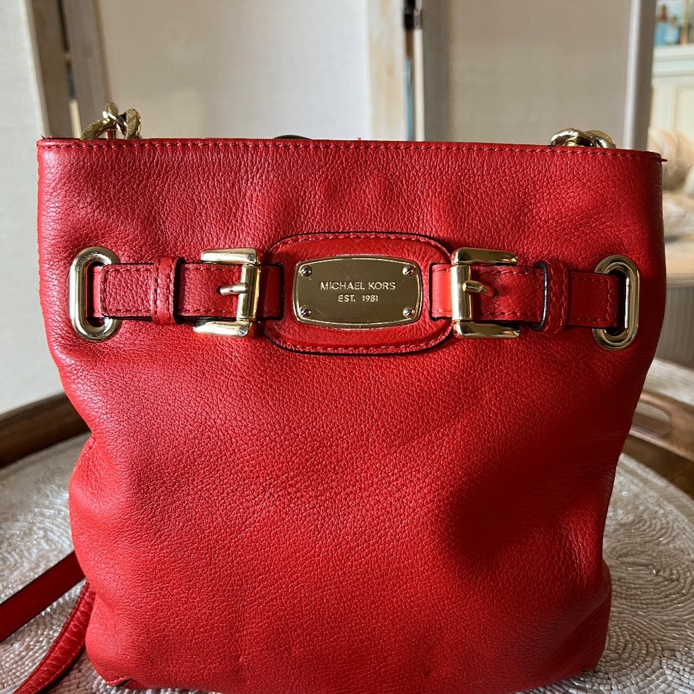 Michael Kors Hamilton Red Leather Zipper Closure Crossbody Bag